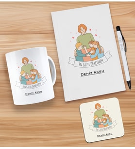 BK Gift Kişiye Özel İsimli Öğretmenler Günü Tasarımlı Beyaz Defter, Tükenmez Kalem, Kupa ve Bardak Altlığı Hediye Seti- 9, Öğretmene Hediye, Öğretmenler Günü