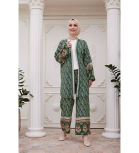 kadın ithal kumaş tesettür kimono takım SMS020 - Yeşil