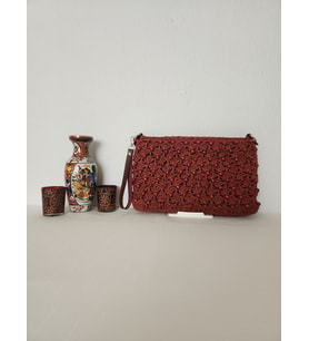 Ahşap Boncuklu,  Suni Deri Astarlı , Kağıt İp, Clutch Çanta  Bordo