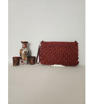 Ahşap Boncuklu,  Suni Deri Astarlı , Kağıt İp, Clutch Çanta  Bordo
