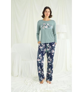 Monamise Kadın Çiçek ve Yaprak Desenli Baskılı Pijama Takımı 24133 