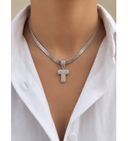 Premium Gümüş Renk Parlak Taşlı 316L Çelik Silver T Harf Kolye (45cm)
