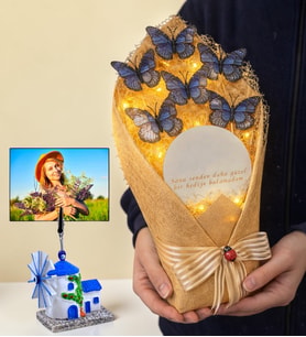 Kişiye Özel Değirmen Fotoğraflı Led Işıklı Aynalı Büyük Boy Kelebek Buketi (Mavi)