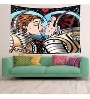 Dünyadan Uzak Astronot Aşıklar Leke Tutmaz Kadife Dokulu Kumaş Duvar Örtüsü Duvar Halısı Tapestry (Çok Renkli)