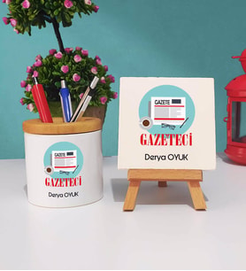 Gazeteci Tasarımlı Kişiye Özel Hediye Gazeteci Kalemlik ve Dekoratif Taş Baskı Hediye Seti