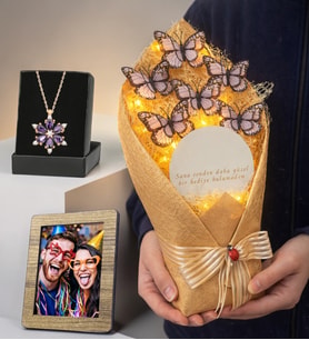 Fotoğraflı Premium Hediye Led Işıklı Aynalı Kelebek Buketi ve Gerçek Ametist Taşlı Lotus Kolye (Beyaz)