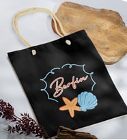 BK Gift Kişiye Özel Yaz Temalı İsimli Siyah Halat Saplı Kumaş Plaj Çantası -3, Baskılı Omuz Çantası, Alışveriş Çantası, Arkadaşa Hediye, Sevgiliye Hediye