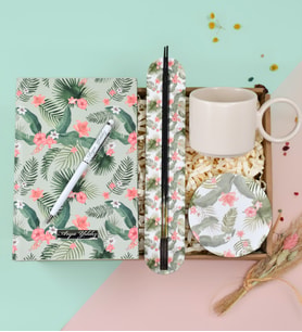 Kişiye Özel Beyaz Touch Pen& Yaprak Tasarımlı Defter& Yaprak Tasarım Desenli Tütsülük& Yuvarlak Kulplu Beyaz Kupa& Bardak Altlığı Hediye Seti