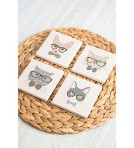 Baskılı Doğal Taş Bardak Altlığı 4'lü Set 10x10x1 Cm - Kedi Baskılı Bardakaltı