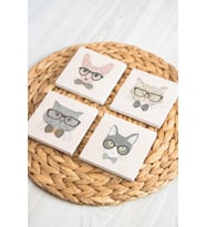 Baskılı Doğal Taş Bardak Altlığı 4'lü Set 10x10x1 Cm - Kedi Baskılı Bardakaltı