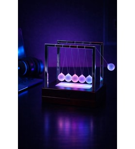 RGB Işıklı Newton Denge Topu – Renkli Şeffaf Denge Topları, Pilli Masaüstü Dekoratif Aksesuar
