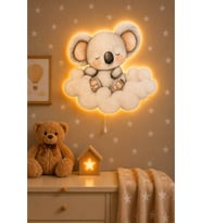 Ahşap Bulut Üzeri Koala Pilli Ledli Gece Lambası Bebek Çocuk Odası-Yıldız Sticker Hediyeli