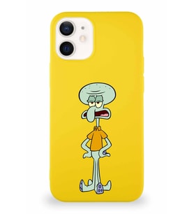 Apple iPhone 12 Soft Premier Kapak Squidward Dokunaç Tasarımlı Silikon Kılıf - Sarı (Şeffaf)