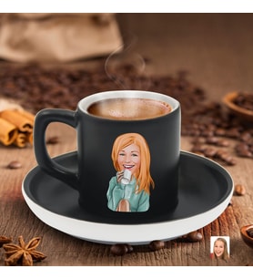 BK Gift Kişiye Özel Kadın Karikatürlü Siyah Renk Türk Kahvesi Fincanı-102, Arkadaşa Hediye, Aileye Hediye, Yıl Dönümü Hediyesi