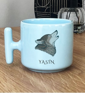 Kişiye Özel Kurt Baskılı Hediye Pastel T Kupa Babaya Kardeşe Hediye (Mavi)
