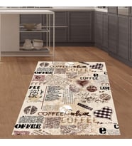 Coffee Yazılı Geometrik Desenli Dijital Baskılı Kaymaz Taban Yıkanabilir Leke Tutmaz Mutfak Halısı (Çok Renkli)