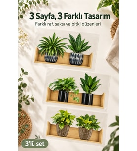 Raflı Bitki Tasarımlı Yapışkanlı Duvar Sticker 20x30 cm 3'lü Set Çiçek Desenli