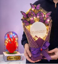 Size Özel Renkli Led Işıklı Fanus ve Aynalı Led Işıklı Kelebek Buketi Seti (Model 2)