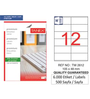 Tanex Lazer Etiket tw-2612 500 A4 Sayfa Laser Etiket 105 x 48 mm Boyutunda 1 A4 Sayfada 12 Etiket