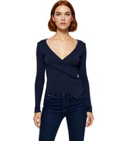 Kadın Düz Kruvaze Yaka Uzun Kollu Vücuda Oturan Bluz Pamuk Polyester Esnek Örme Konforlu Stil