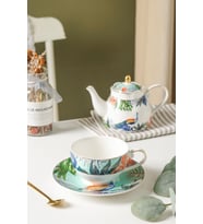 Peacock 4 Parça Tavus Kuşu Desenli Çay Ve Kahve Fincanı + Porselen Demlik Seti