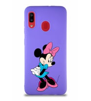 Samsung Galaxy A20 Soft Premier Kapak Minnie Mouse-F Tasarımlı Silikon Kılıf - Mor (Şeffaf)