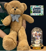 Size Özel İsimli Premium Set - Büyük Boy Kahve Peluş Ayıcık ve İsimli 3 Fotoğraflı Led Işıklı Fanus (Model 2)
