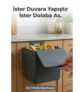 Askılı ve Yapışkanlı Mutfak Ve Banyo İçin Pratik Çöp Kovası 8LT (Antrasit)