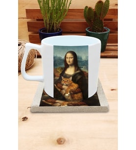Kediler ve Sanat/Leonardo Da Vinci Mona Lisa Set 10 - Yelken Fincan Kupa-Taş Bardak Altlığı 1