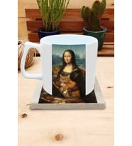 Kediler ve Sanat/Leonardo Da Vinci Mona Lisa Set 10 - Yelken Fincan Kupa-Taş Bardak Altlığı 1