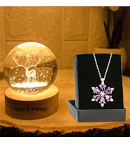Kişiye Özel Büyük Boy Işıklı Ahşap Kaideli Geyik Temalı Cam Küre 8cm Ve Lotus Çiçeği Kolye