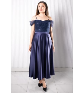 Asklı Pul Payetli Saten Abiye Elbise Lacivert MDV386