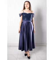 Asklı Pul Payetli Saten Abiye Elbise Lacivert MDV386