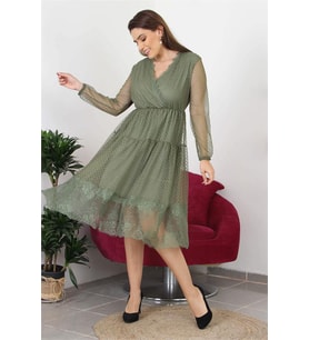 Neşeli butik kadın kruvaze yaka eteği güpür detaylı yeni sezon elbise APCX10 (Haki)