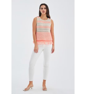 Peraluna KIYO BLOUSE Püskül Detaylı Kolsuz Yazlık Kadın Triko Bluz - Bej/Neon Turuncu