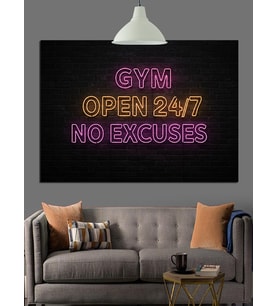 Kırmızı Gym Open 24/7 No Excuses Yazısı Dekoratif Kanvas - Mdf Ahşap Tablo