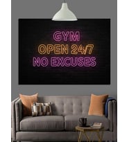 Kırmızı Gym Open 24/7 No Excuses Yazısı Dekoratif Kanvas - Mdf Ahşap Tablo