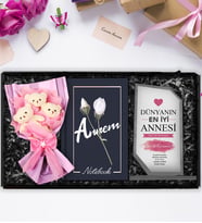 Anneler Gününe Özel Kişiye Özel Kristal Cam Plaket & Tasarım Defter & Üçlü Peluş Ayıcık Buketi Hediye Seti