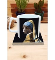 Kediler ve Sanat/Johannes Vermeer İnci Küpeli Kız Set 10 - Yelken Fincan Kupa-Taş Bardak Altlığı 1