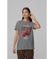 Unisex Erkek/Kadın CHERRIES Özel Baskılı Oversize Pamuklu Bisiklet Yaka T-Shirt (Antrasit)