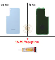 Samsung Galaxy S22 Plus Mavi Renk Arka Kapak + B7000 Yapıştırıcı Arka Cam Batarya Kapağı Pil Kapağı Lazer Kesim Back Cover Galaxy S22 Plus Uyumlu