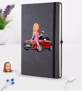BK Gift Kişiye Özel Plakalı Kadın Mini Cooper Karikatürlü Siyah Termo Deri Defter 16x24cm Model 1