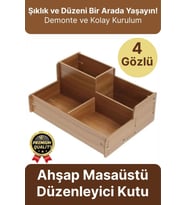 Kırtasiye Kalem Makyaj Malzemesi Saklama Çok Amaçlı 4 Gözlü Bölmeli Ahşap Masa Üstü Düzenleyici Kutu