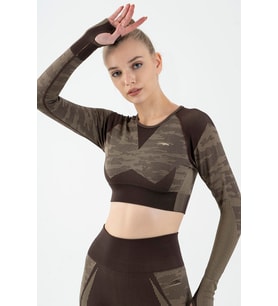 Maraton SlimFit Kadın Bisiklet Yaka  Kahverengi Crop Top