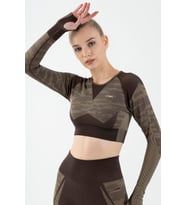 Maraton SlimFit Kadın Bisiklet Yaka  Kahverengi Crop Top