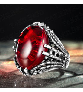 925 Ayar Gümüş Ruby Taşlı Sade Motifli Erkek Yüzük