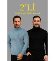 Erkek Fitilli Triko Kazak 2li Set Bebek Mavisi Siyah Regular Balıkcı Yaka Tam Boğazlı Triko Seti Mod