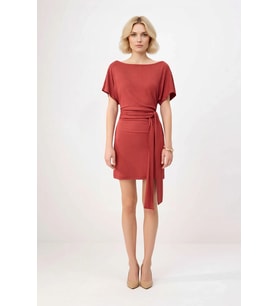 Kadın Kısa Kollu Asimetrik Yaka Bağlamalı Bodycon Mini Elbise Viskon Ribana Yumuşak Örme Günlük
