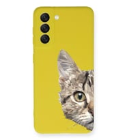 Samsung Galaxy S21 FE Uyumlu Lansman Kılıf Catface Tasarımlı İçi Kadife Kapak-Sarı (Şeffaf)