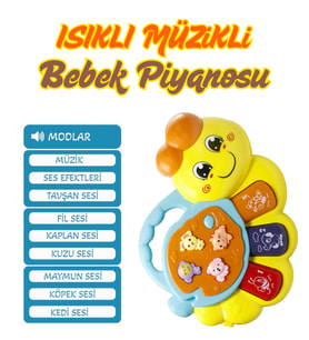 Işıklı Sesli Müzikli Melodili Hayvan Sesli Çok Fonksiyonlu Bebek Piyanosu Pilli Eğitici Oyalayıcı (Turuncu)